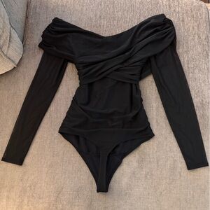 Abercrombie & Fitch Women's Long-Sleeve Off-The-Shoulder Wrap Mesh Bodysuit